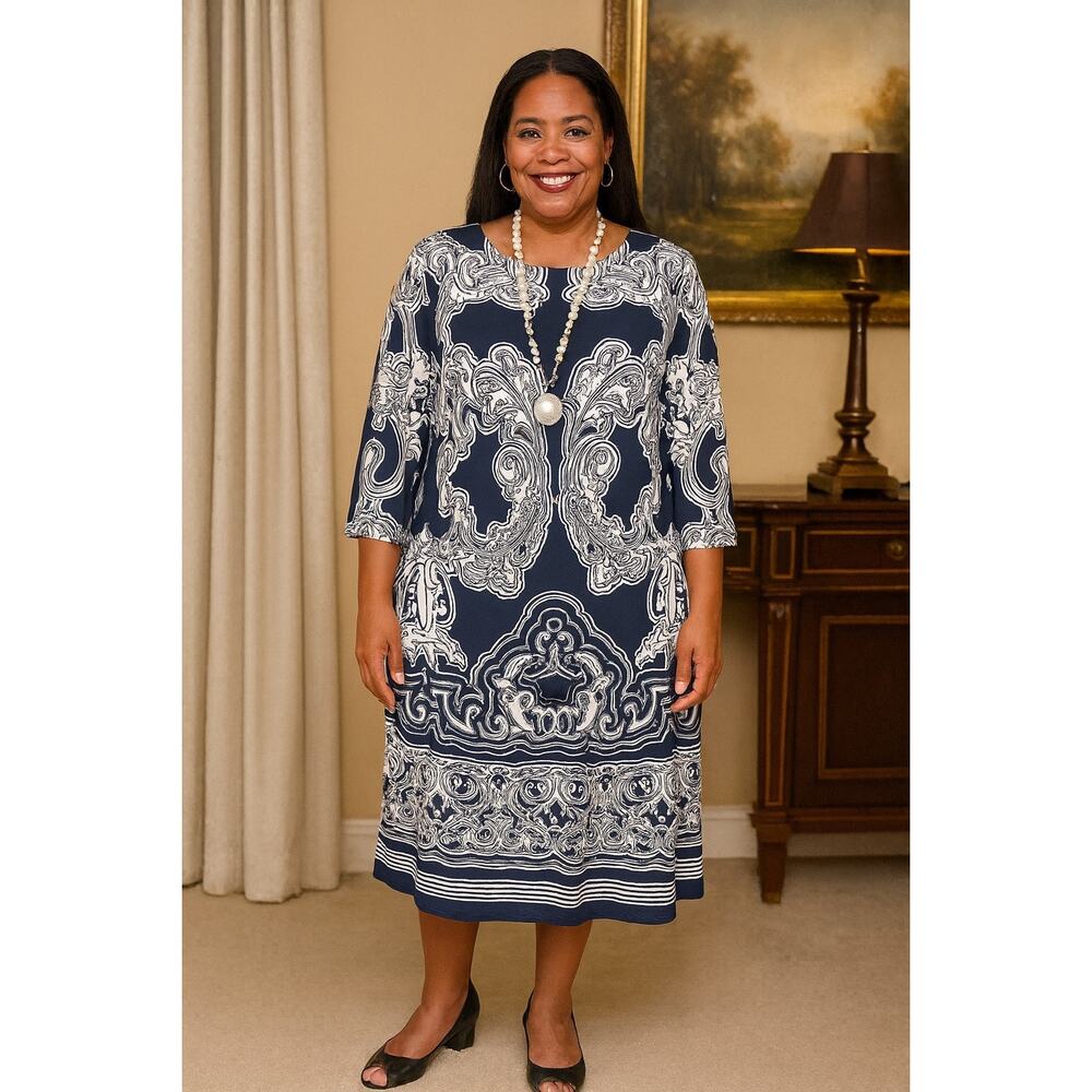 INC Plus Size 3X Navy & White Scroll‎ Print Dress – Boat Neck, 3/4 Sleeve